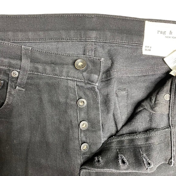 Rag & Bone Jeans Men's Size 30x33 Fit 2 Slim Leg Straight Button Fly Black Denim - Picture 6 of 11